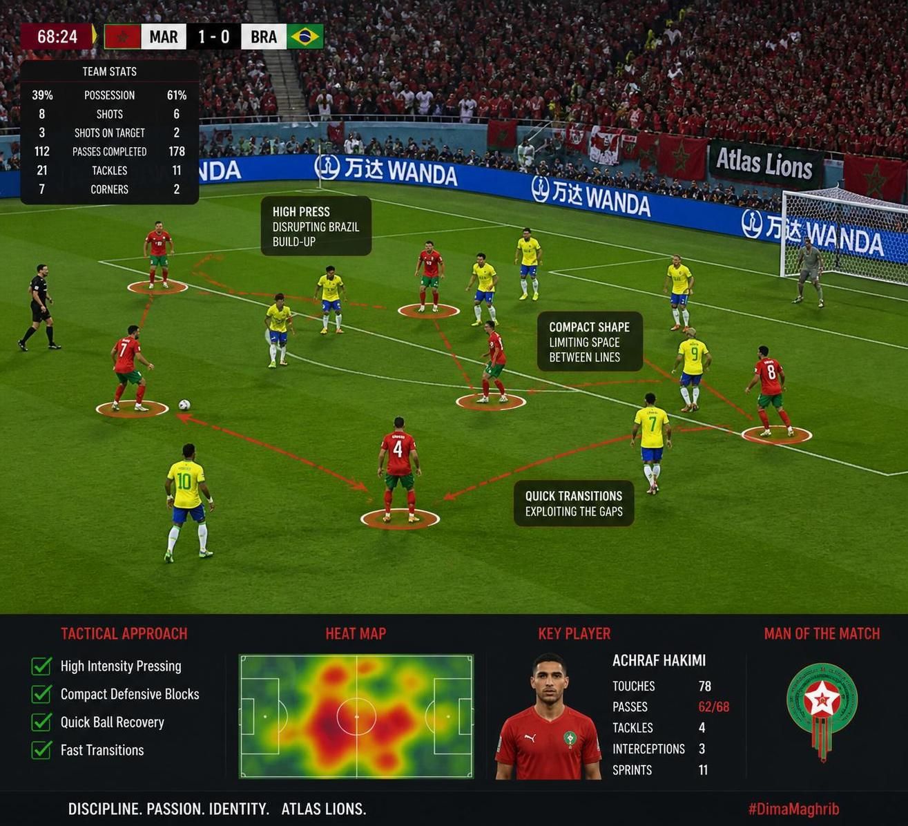 fabinho admits that morocco's tactics forced his team into extensive off-ball running during their match.