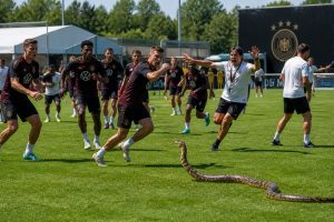 a venomous snake causes panic and disrupts the training camp of german football stars ahead of the world cup, creating unexpected chaos.