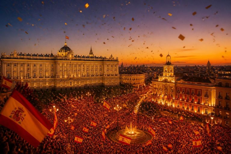experience the dazzling celebration as madrid lights up in gold to honor spain's champions with a legendary welcome. watch the vibrant video capturing this unforgettable moment.