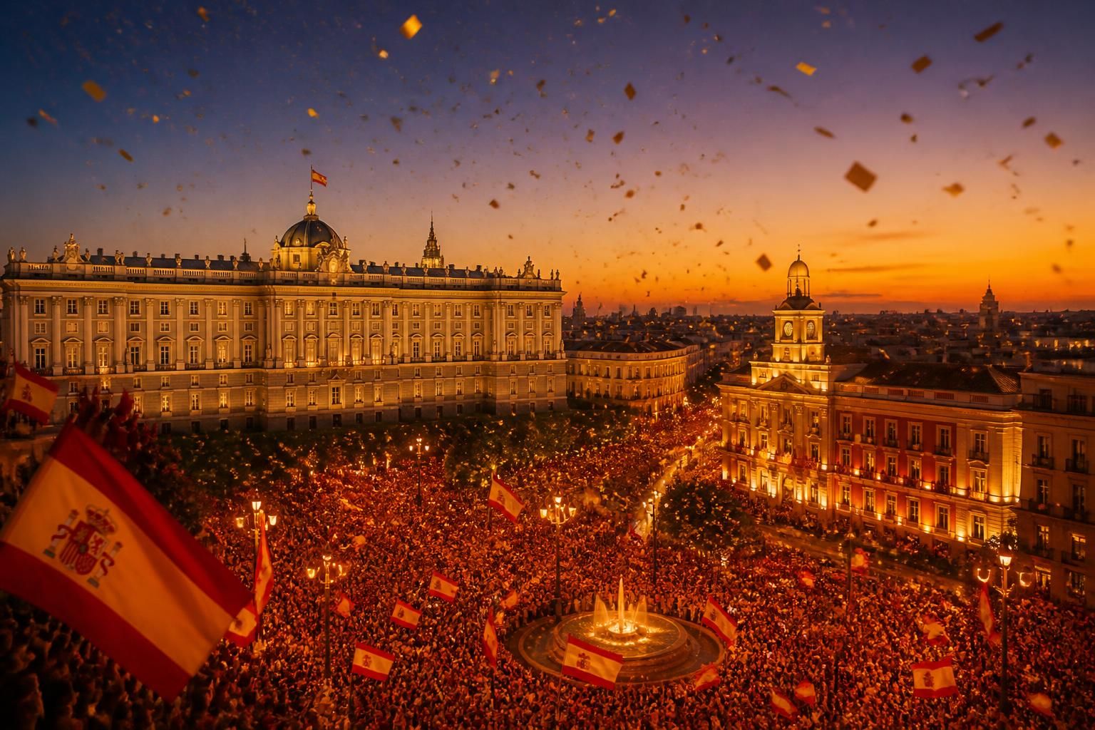 experience the dazzling celebration as madrid lights up in gold to honor spain's champions with a legendary welcome. watch the vibrant video capturing this unforgettable moment.